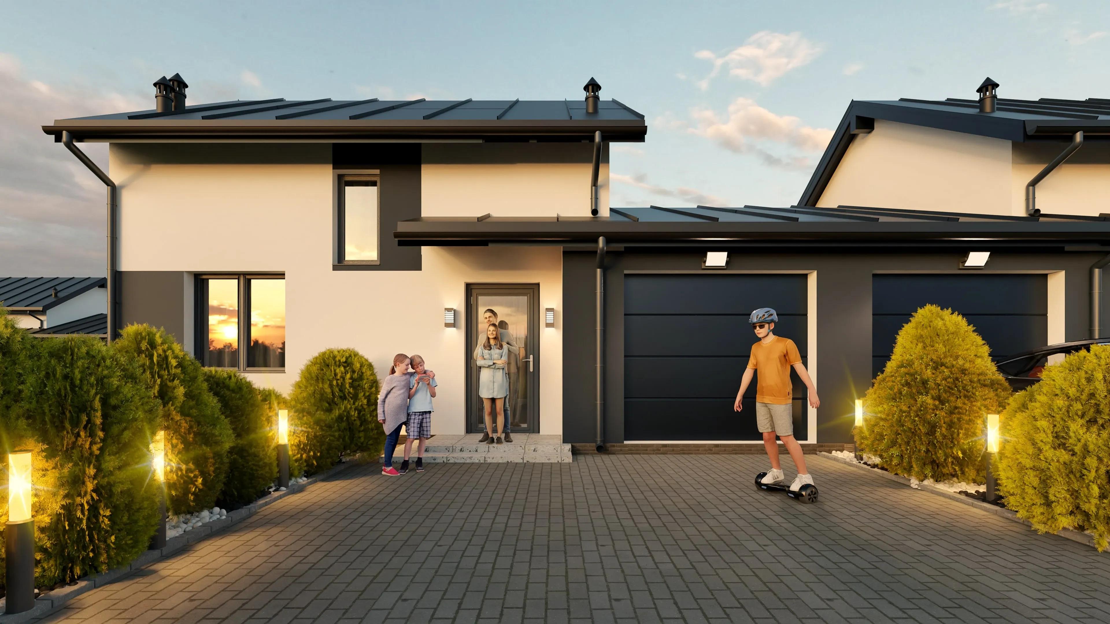 Front domu z drzwiami wejściowymi i garażem